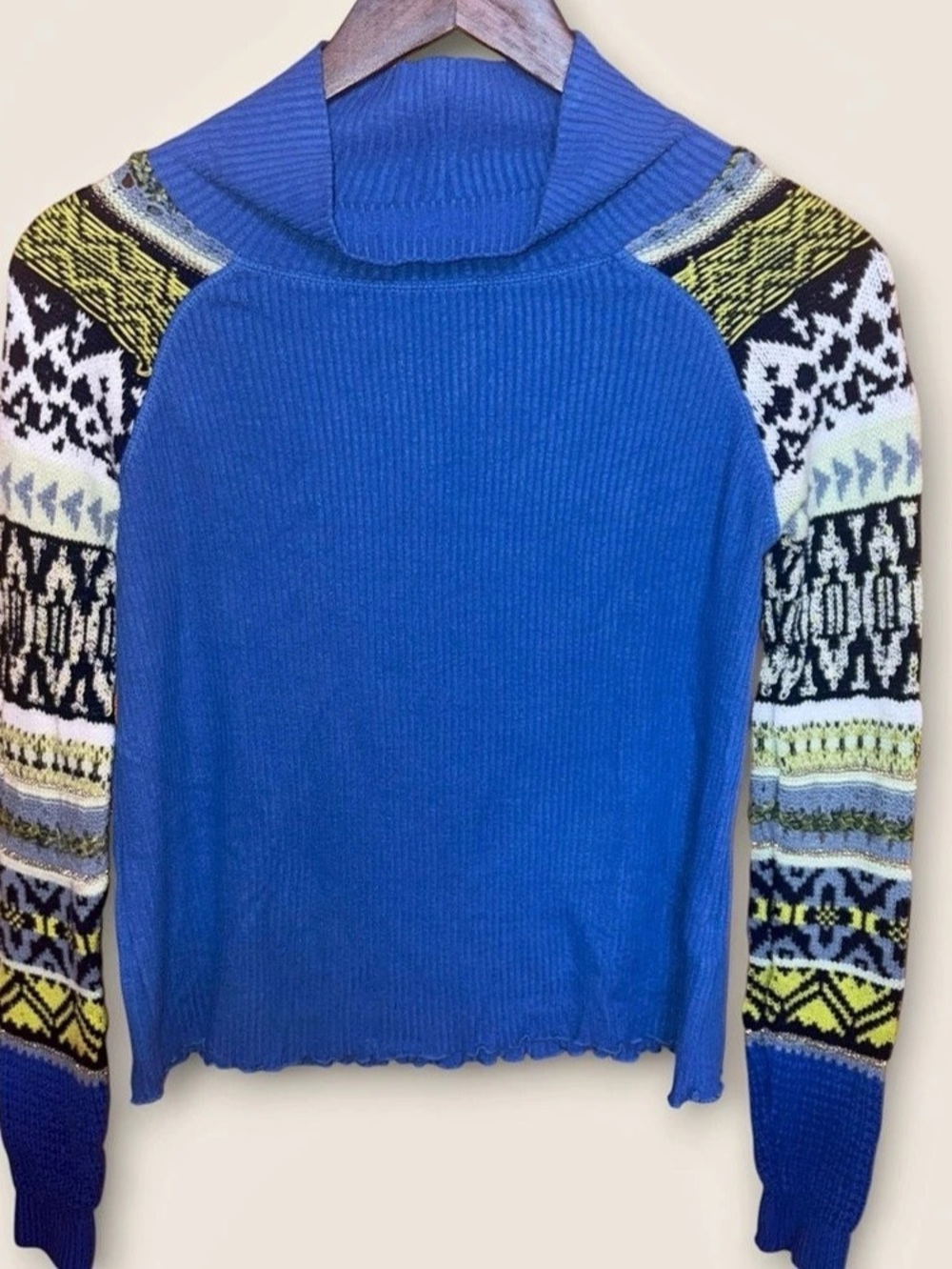 Free People Geometric Crochet Sleeve Mock Neck Blue Sweater